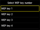 Schermata di selezione del numero di chiave WEP