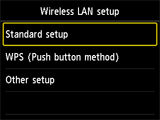 Wireless LAN setup screen: Select Standard setup