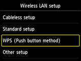 Wireless LAN setup screen: Select WPS (Push button method)