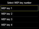 WEP key number selection screen