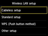 Other setup screen: Select Cableless setup