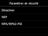 Ecran Paramètres de sécurité