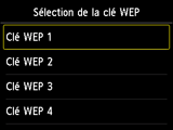 Ecran de sélection de la clé WEP