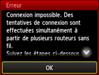 Écran d'erreur : Connexion impossible. Des tentatives de connexion sont effectuées simultanément à partir de plusieurs routeurs sans fil.