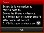 Écran d'erreur : Echec de la connexion au routeur sans fil.