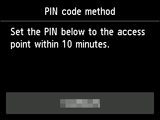 Pantalla Método de código PIN: Establezca el siguiente PIN en el punto de acceso antes de 10 minutos.