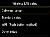 Wireless LAN setup screen: Select Cableless setup