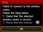 Pantalla de error: Error al conectar con el router inalámbrico.