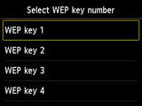 Schermata di selezione del numero di chiave WEP