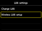 Schermata Impostazioni LAN: Selezionare Impostazione LAN wireless