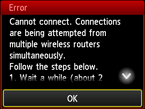 Schermata di errore: Impossibile effettuare il collegamento. Tentativo di connessione simultanea da più router wireless.