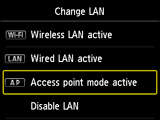 شاشة Change LAN: تحديد Access point mode active