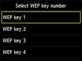 WEP key number selection screen