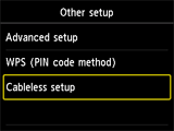 Other setup screen: Select Cableless setup