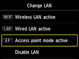 Tela Alterar LAN: Selecionar modo ponto de acesso ativo