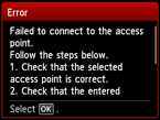 Fehlerbildschirm: Herstellen der Verbindung zum Zugriffspunkt fehlgeschlagen.