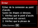 Ecran d'erreur : Echec de la connexion au point d'accès.