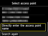 หน้าจอการเลือกจุดเข้าใช้งาน: เลือก Directly enter the access point name