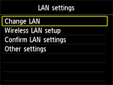 Obrazovka Nastavení sítě LAN: Vyberte možnost Změnit LAN