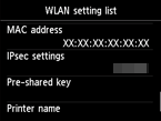 Wireless LAN setting list screen