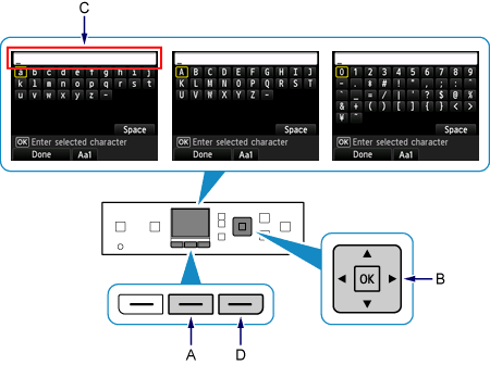 Imagen: Introducción de caracteres mediante el teclado que se muestra en la pantalla de la impresora