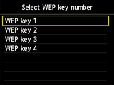 Pantalla de selección de número de clave WEP