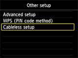 Pantalla Otra configuración: Seleccionar Config. sin cables