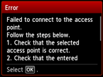 Pantalla de error: Error al conectar con el punto de acceso.