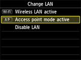 [LAN 변경] 화면: [액세스포인트 모드 활성] 선택