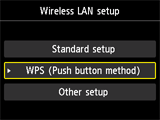 Scherm Instellingen draadloos LAN: Selecteer WPS (Methode drukknop)