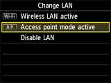 Ekran Zmiana sieci LAN: wybierz opcję Tryb punktu dost. aktyw.