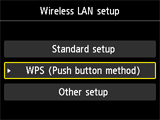 Tela Configuração de LAN s/ fio: selecione WPS (Método botão de pressão)