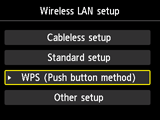 Obrazovka Nastavení bezdrát. sítě LAN: Vyberte možnost WPS (Metoda pomocí tlačítka)