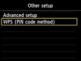 Obrazovka Jiná nastavení: Vyberte možnost WPS (Metoda pomocí kódu PIN)