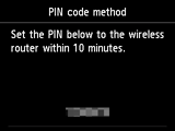 Obrazovka Metoda pomocí kódu PIN: Do 10 minut zadejte kód PIN pro bezdrátový směrovač.