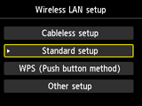 Obrazovka Nastavení bezdrát. sítě LAN: Vyberte možnost Standardní nastavení