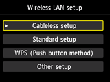Obrazovka Nastavení bezdrát. sítě LAN: Vyberte možnost Nastavení bezkabelové sítě