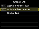 Obrazovka Změna sítě LAN: Výběr možnosti Aktivujte Přímé připojení.