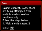 Fehlerbildschirm: Verbindung nicht möglich. Es liegen Verbindungsversuche an mehreren Wireless Routern gleichzeitig vor.