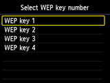 WEP key number selection screen