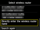 Schermata di selezione del router wireless: Selezionare Immettere direttamente il nome del router wireless