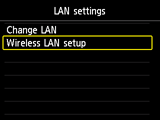 Schermata Impostazioni LAN: Selezionare Impost. LAN wireless