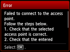 Pantalla de error: Error al conectar con el punto de acceso.