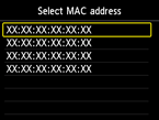 Mac adreses atlases ekrāns