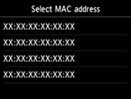 Bildschirm für die Auswahl der MAC-Adresse