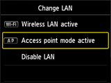 Οθόνη Αλλαγή LAN: Επιλογή Λειτουργία σημείου πρόσβασης ενεργή