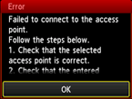 Error screen: Failed to connect to the access point.