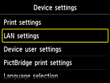 Laitteen asetukset -näyttö: Valitse LAN-asetukset