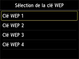 Ecran de sélection de la clé WEP