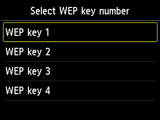 WEP key number selection screen